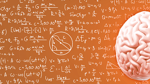 image illustrative : demi cerveau sur fond orange avec équations mathématiques